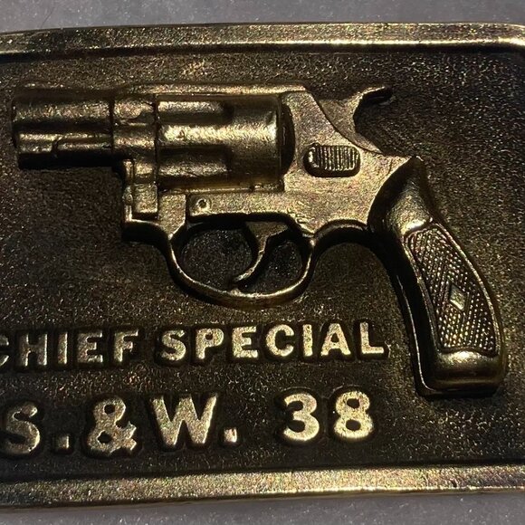 Vintage 1975 Metal Belt Buckle, Brass, Smith & Wesson, 38 Special, Chief Special